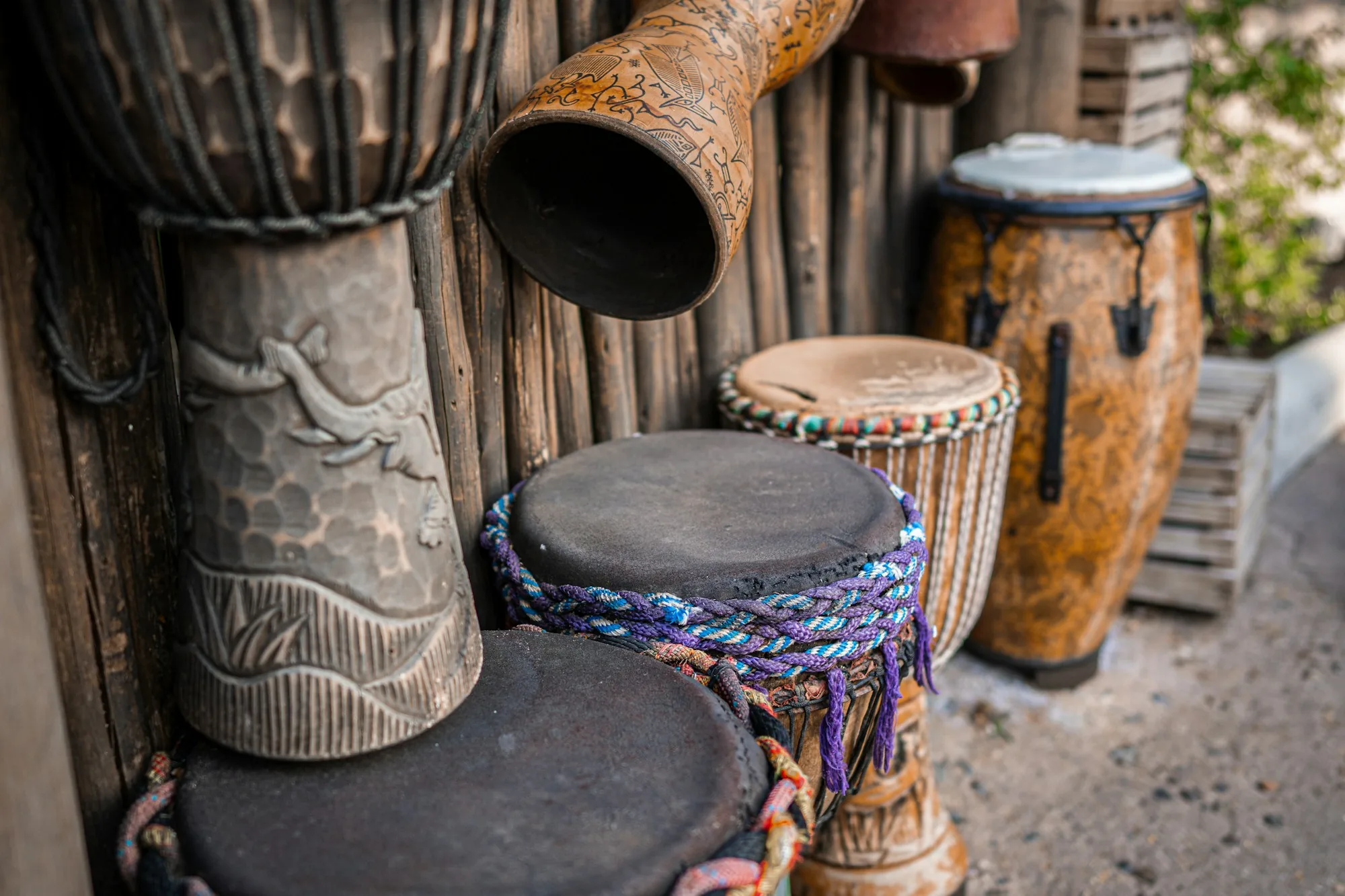 Ensemble de djembés et tambours traditionnels adossés à un mur en bois
